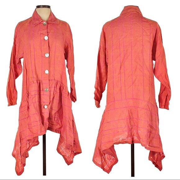 West Love Linen Top Jacket Dress Art To Wear Lagenlook Coral Orange S - Picture 1 of 6
